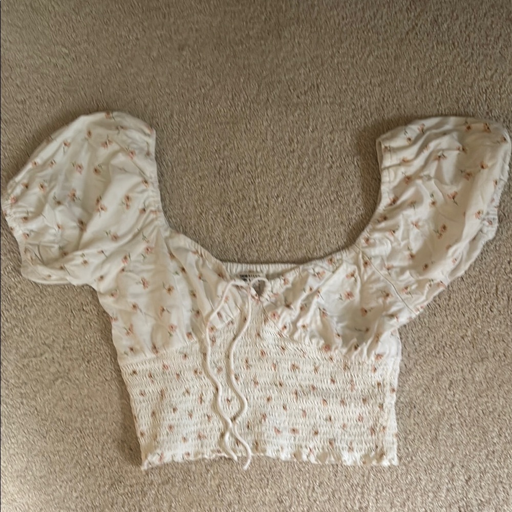 Billabong Cream Puff Sleeve Smocked Crop Top